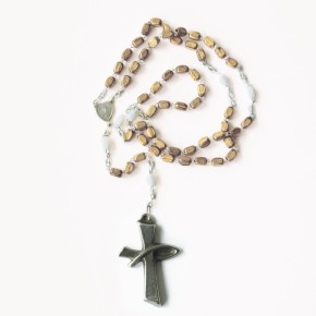 Holz Rosenkranz mit Glasperlen und Neusilberkreuz