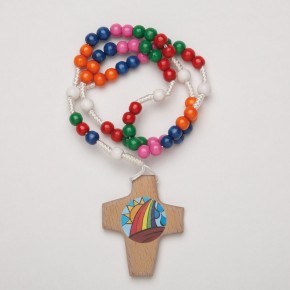 Kinder-Rosenkranz Regenbogen mit bunten Perlen und Buchenkreuz