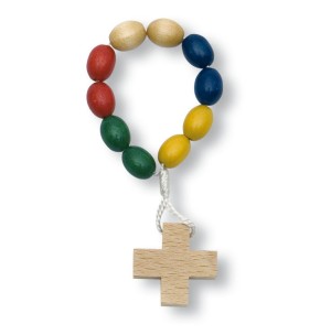 Finger-Rosenkranz aus Holz mit bunten Perlen und Holzkreuz
