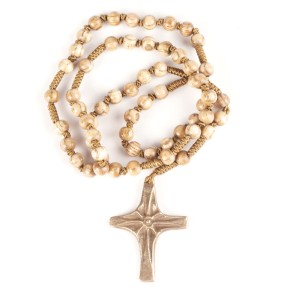 Holz Rosenkranz mit dunkelbraunen Perlen und Bronzekreuz