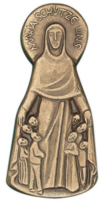 Relief Schutzmantelmadonna mit Text 