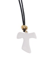 Tau-Kreuz, weiß, aus Plexiglas, mit Baumwollschnur