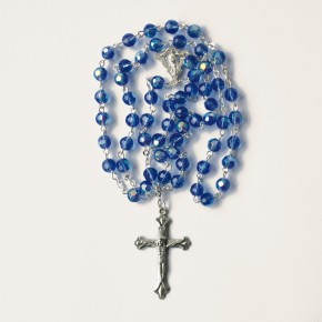 Rosenkranz aus Glas - Blau, gekettelt, mit Metallkreuz