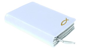 Gotteslobhülle Rindsleder DELUXE mit Motivprägung weiß - Goldprägung Fisch