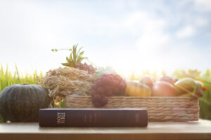 Eine Bibel liegt vor einem herbstlichen Obstkorb