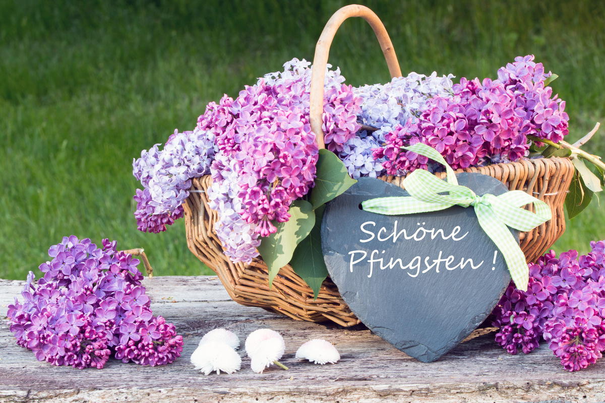 Pfingstenkorb mit lila Blüten und einer Tafel