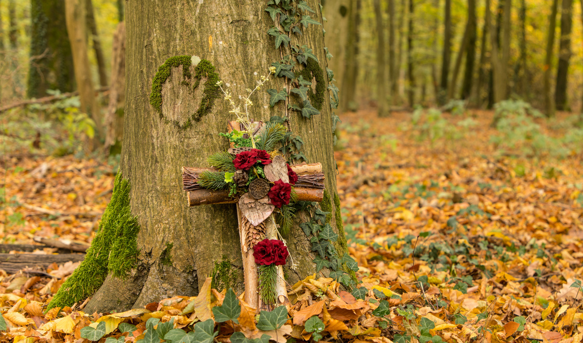 Ein aus Ästen gebundenes Kreuz an einem Baum im Herbst