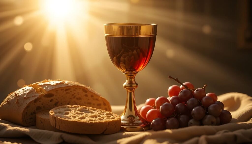 Stillleben mit Brot, Wein, Trauben und goldenem Kelch für religiöse christliche Feierlichkeiten