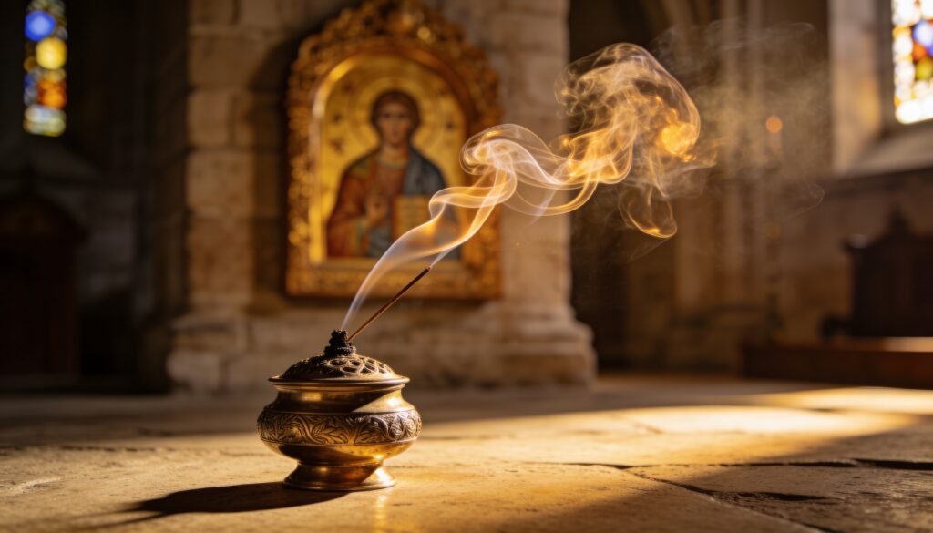 Smoky golden censer in church interior, soft light illuminating gilded icon, curling incense trails rising from ornate brass thurible, warm tones, reverent