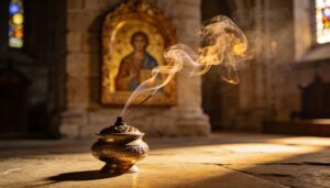 Smoky golden censer in church interior, soft light illuminating gilded icon, curling incense trails rising from ornate brass thurible, warm tones, reverent