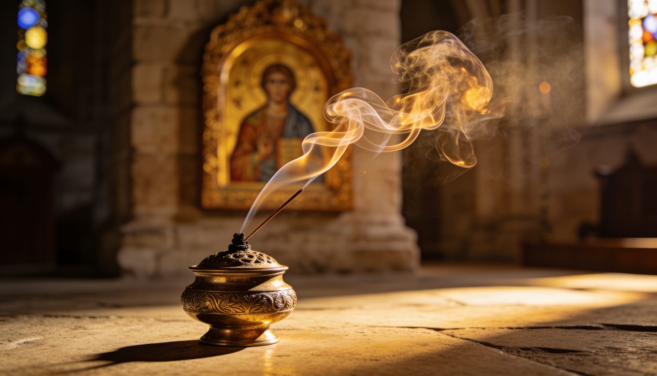 Smoky golden censer in church interior, soft light illuminating gilded icon, curling incense trails rising from ornate brass thurible, warm tones, reverent