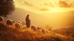 Kreuz auf dem Feld bei Sonnenuntergang mit Jesus Christus, christliche Schafe