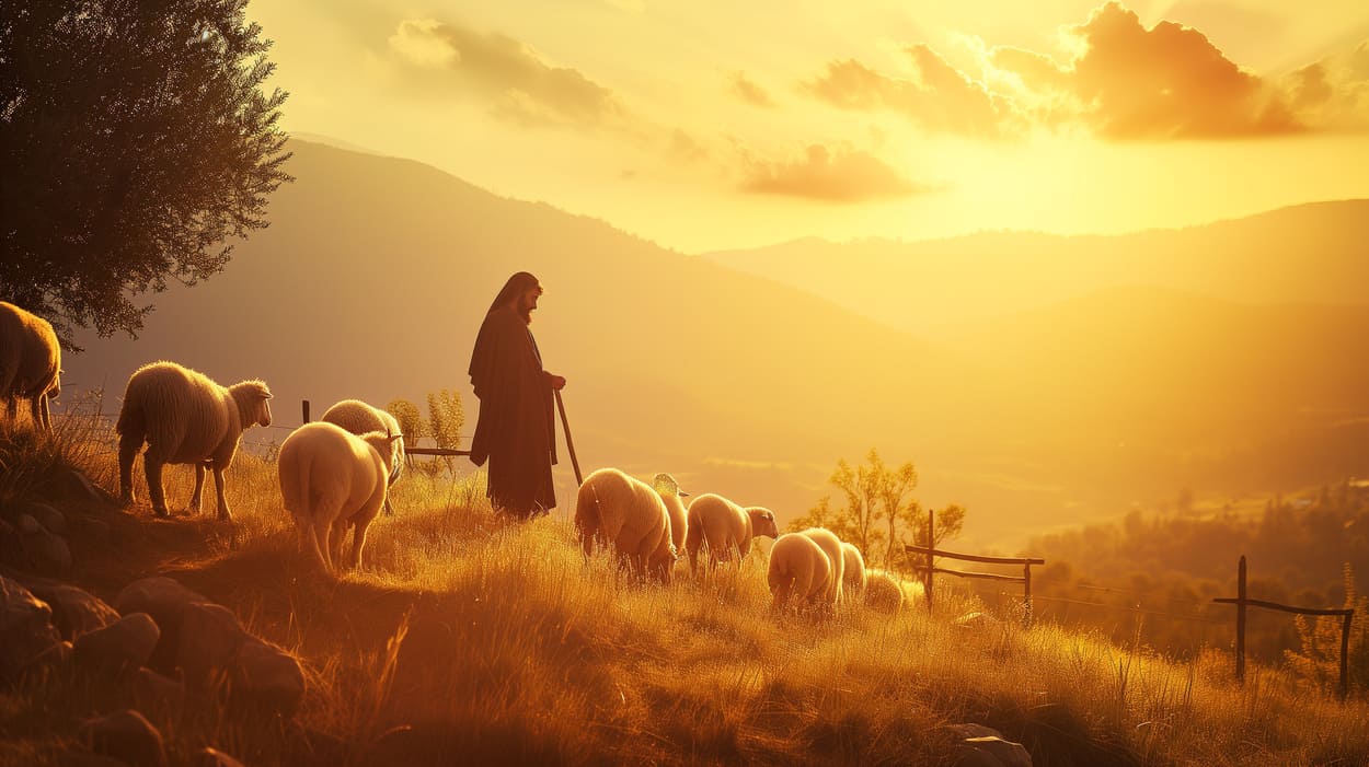 Kreuz auf dem Feld bei Sonnenuntergang mit Jesus Christus, christliche Schafe