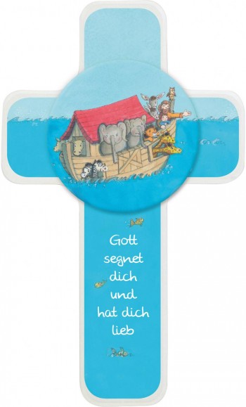 Croce In Legno Per Bambini Arca Di Noè, Faggio Laccato Bianco, 11x18 Cm, Con Stampa Colorata E Messaggio Di Benedizione, In Confezione Regalo