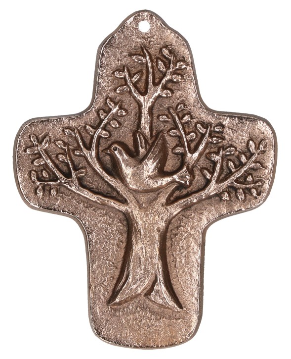 Kommunionkreuz aus Bronze - Lebensbaum mit Segenstaube