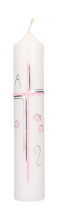 Taufkerze mit Wachsmotiv Kreuz mit Alpha und Omega in Rosa