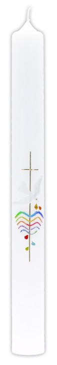 Taufkerze mit Wachsmotiv Kreuz in Gold, weiße Taube und Wellen