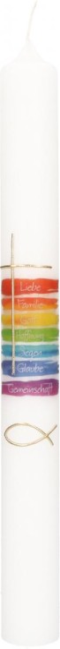 Symbolkerze 400x40 mm Druck- und Wachsmotiv Regenbogenfarben - Kreuz und Fisch in Gold