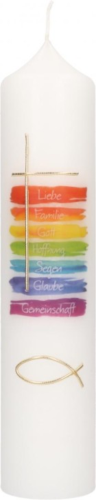 Symbolkerze 250x60 mm Druck- und Wachsmotiv Regenbogenfarben - Kreuz und Fisch in Gold