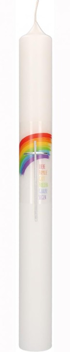 Taufkerze mit Druckmotiv und aufgelegtem Wachsmotiv Regenbogen mit Kreuz in Silber