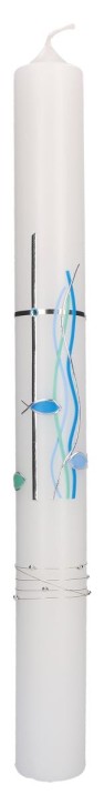 Symbolkerze 400x40 mm Wachsmotiv mit Perlenband - Fische und Wellen in grün-blau mit Kreuz in Silber