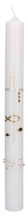 Symbolkerze 400x40 mm Wachsmotiv mit Perlenband - Fische, Punkte und Kreuz in Gold und Silber