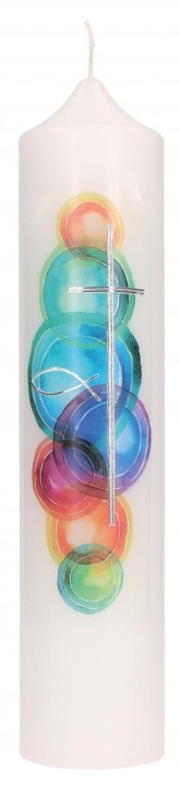 Symbolkerze 250x60 mm Druck- und Wachsmotiv - bunte Kreise mit Fisch und Kreuz in Silber
