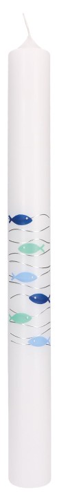 Symbolkerze 400x40 mm Wachsmotiv - Fische in blau-grün und Wellen in Silber