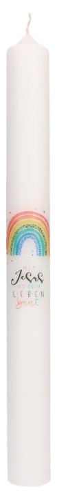 Symbolkerze 400x40 mm Druckmotiv - Mit Jesus ist mein Leben bunt - mit Regenbogen