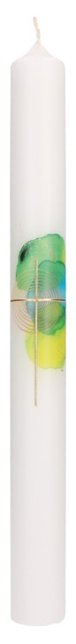 Symbolkerze 400x40 mm Druck- und Wachsmotiv Farbkleckse und Spirale mit Kreuz in Gold