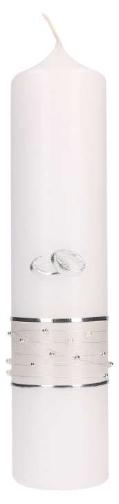 Hochzeitskerze mit aufgelegtem Wachmotiv - Eheringe und Streifen in Silber mit Perlenband