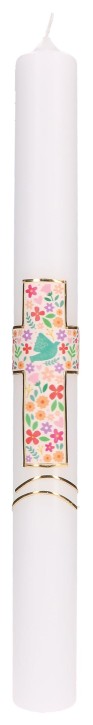 Taufkerze mit Wachsmotiv - Kreuz mit Blumen und Taube als Druckmotiv sowie Kreuz und Wellen in Gold