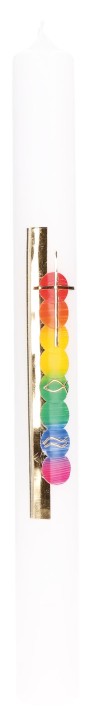 Taufkerze mit aufgelegtem Wachsmotiv - Regenbogenkreise mit Kreuz, Fisch und Wellen in Gold