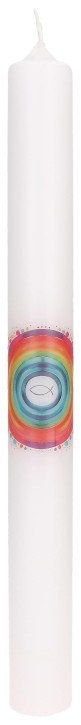 Symbolkerze mit Druckmotiv - Regenbogenkreis mit Fisch