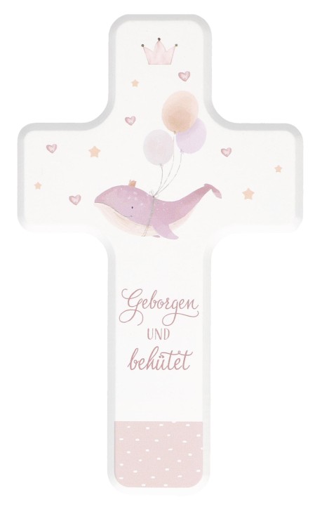 Kinderholzkreuz zur Taufe rosa - Geborgen und behütet