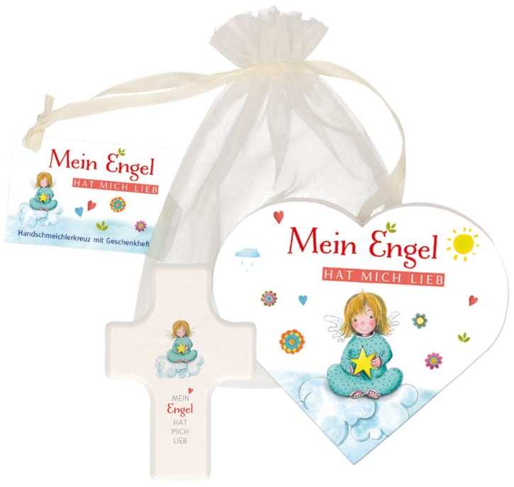 Geschenkset für kleine Kinder: Mein Engel hat mich lieb. Mini-Kinderkreuz aus Holz, Notizheft und Grußkärtchen. Verschenkfertig verpackt.