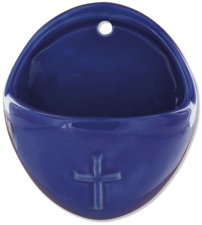 Keramik-Weihwasserbecken Kreuz - blau