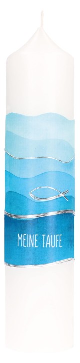 Symbolkerze zur Taufe 250x60 mm Wachsmotiv  - Blaues Wellenmotiv mit Fisch und Wellen in Silber
