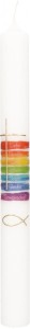 Symbolkerze 400x40 mm Druck- und Wachsmotiv Regenbogenfarben - Kreuz und Fisch in Gold