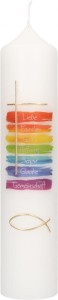 Symbolkerze 250x60 mm Druck- und Wachsmotiv Regenbogenfarben - Kreuz und Fisch in Gold