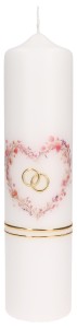 Hochzeitskerze mit Druck- und Wachsmotiv - Herz aus Blumenranken mit Eheringen in Gold