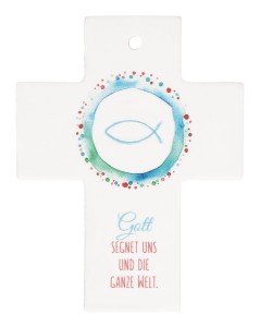 Porzellankreuz - Gott segnet uns und die ganze Welt