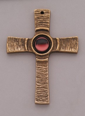 Kommunionkreuz - Bronzekreuz mit rotem Stein