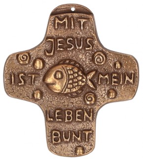 Kommunionkreuz aus Bronze Mit Jesus ist mein Leben bunt