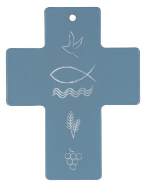 Symbolkreuz aus Metall - Taube, Fisch, Wellen, Ähre und Trauben