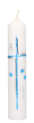 Taufkerze mit Wachsmotiv Kreuz mit Alpha und Omega in Blau