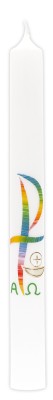 Kommunionkerze mit Wachsmotiv PX in Regenbogenfarben, Kelch in Gold
