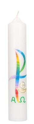 Kommunionkerze mit Wachsmotiv PX in Regenbogenfarben, Kelch in Gold