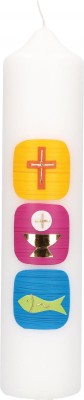 Kommunionkerze mit Wachsmotiv Kreuz, Kelch und Fisch in Gold