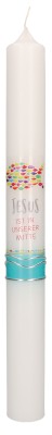 Kommunionkerze mit druckmotiv und aufgelegtem Wachsmotiv Jesus ist in unserer Mitte